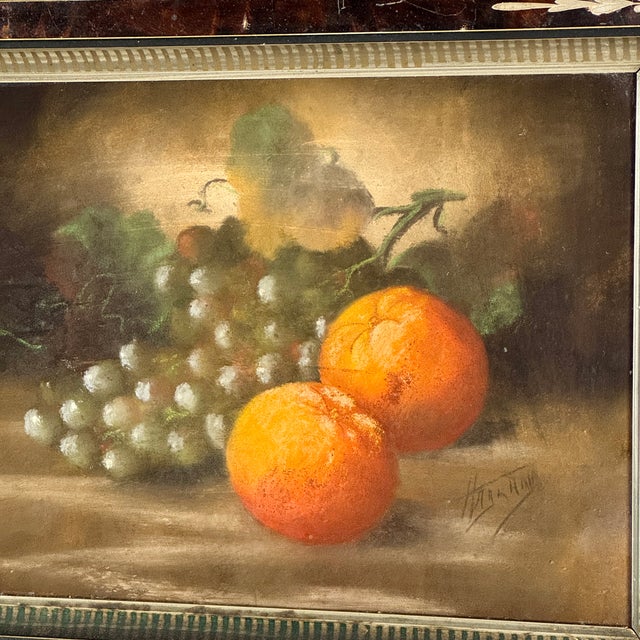 Antique Signed Oil on Board Still Life Painting of Oranges & Grapes; Wood Frame With Carved Details For Sale - Image 4 of 10