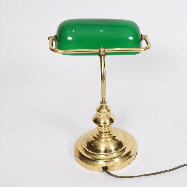 Vintage Green Glass Brass Articulated Bankers Desk Lamp For Sale - Image 6 of 9