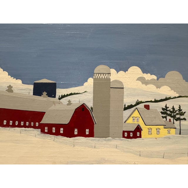 Folk Art Pair Signed 2002 American Folk Art Farm Landscape Paintings Red Barns For Sale - Image 3 of 14