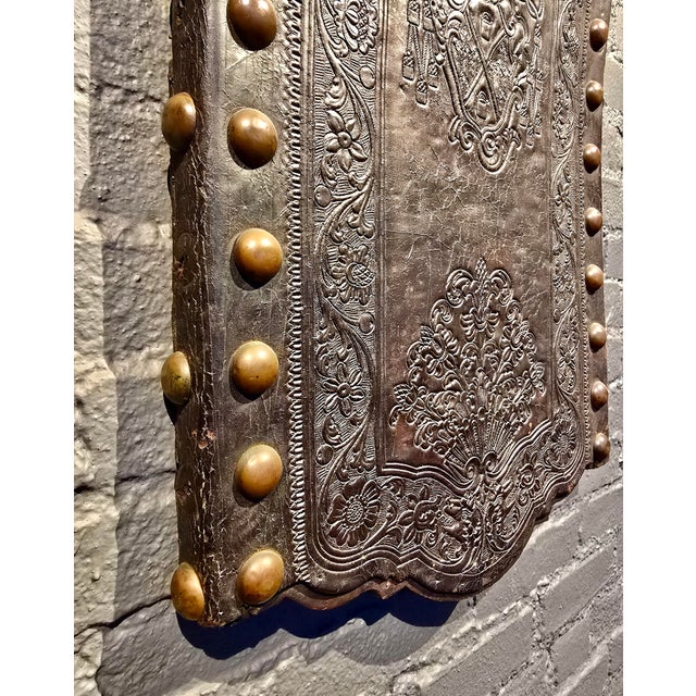 Brown 18th Century Portuguese Embossed Leather Panels W/Heraldic Crest & Brass Studs- A Pair For Sale - Image 8 of 12