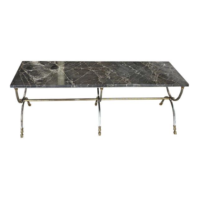 Mid-Century Brushed Metal and Brass Goat Feet Marble Top Coffee Cocktail Table For Sale