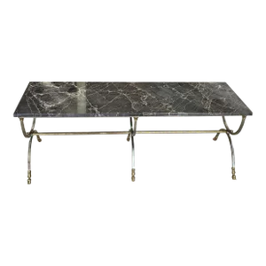 Mid-Century Brushed Metal and Brass Goat Feet Marble Top Coffee Cocktail Table