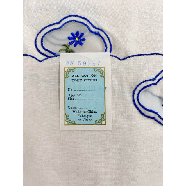Vintage Linen Cocktail Napkins - Blue Embroidered Floral - Set of 6 – Scalloped Edge (Portugal) For Sale - Image 4 of 6