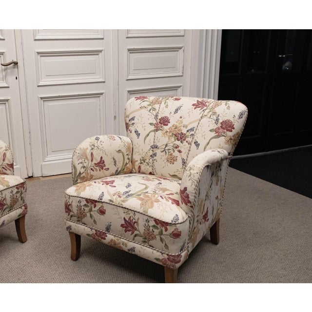 Art Nouveau Swedish Grace Lounge Chairs in Floral Jacquard, 1940s, Set of 2 For Sale - Image 10 of 16