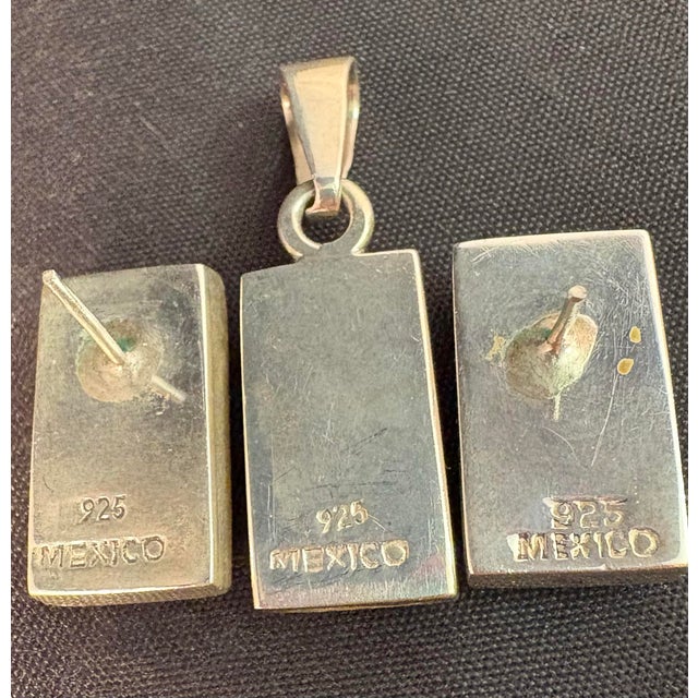 Mexican Sterling Silver Channel Inlay Multi-Stone Earrings W/ Matching Pendant .925 Mexico For Sale - Image 4 of 9
