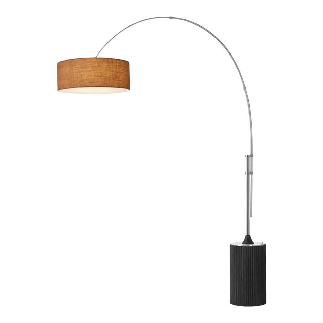 1980s Tambo 92"h 1-Light Arc Lamp, Burlap Shade, Black Oak Base, Satin Nickel, Dimmable, for Living Room or Bedroom For Sale