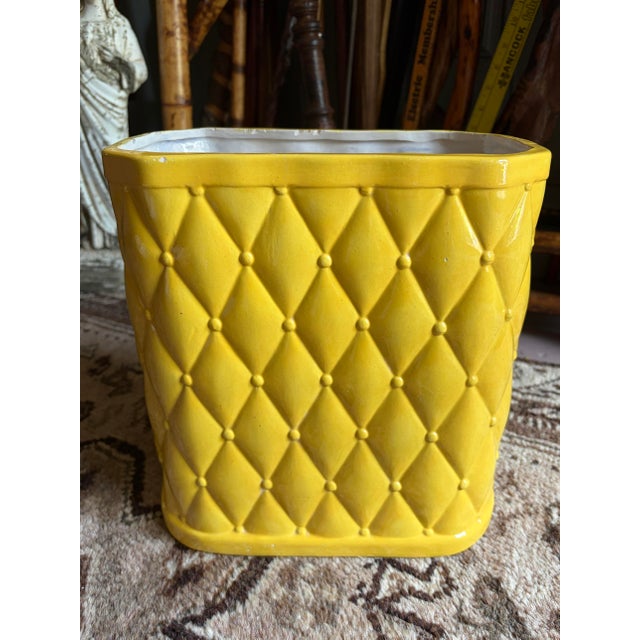 Hollywood Regency Vintage Mid Century Yellow Porcelain Wastebasket For Sale - Image 3 of 5