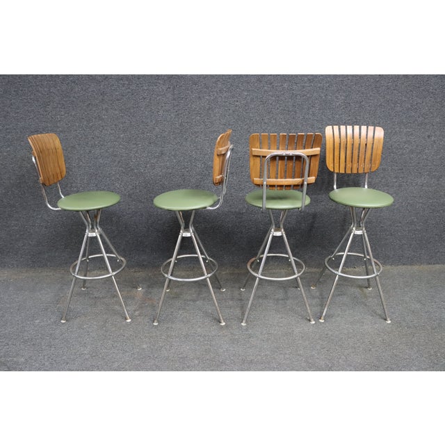 Set of 4 Mid-Century Modern Walnut & Chrome Swivel Bar Stools For Sale - Image 9 of 9