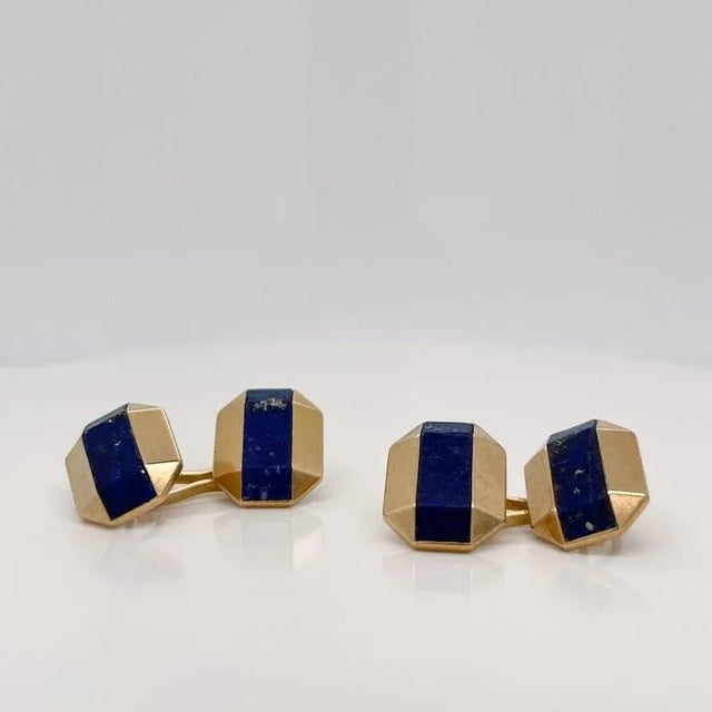 Metal Vintage Antique Boucheron Paris French Art Deco 18k Gold & Lapis Lazuli Cufflinks - 2 Pieces For Sale - Image 7 of 10
