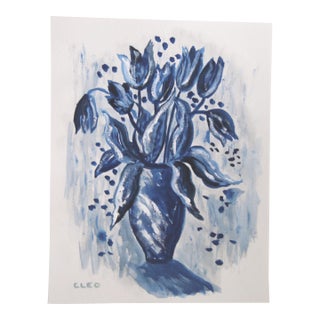 Floral Still Life Impressionism Pop Art Abstract Indigo Blue Original Painting by Cleo Plowden For Sale