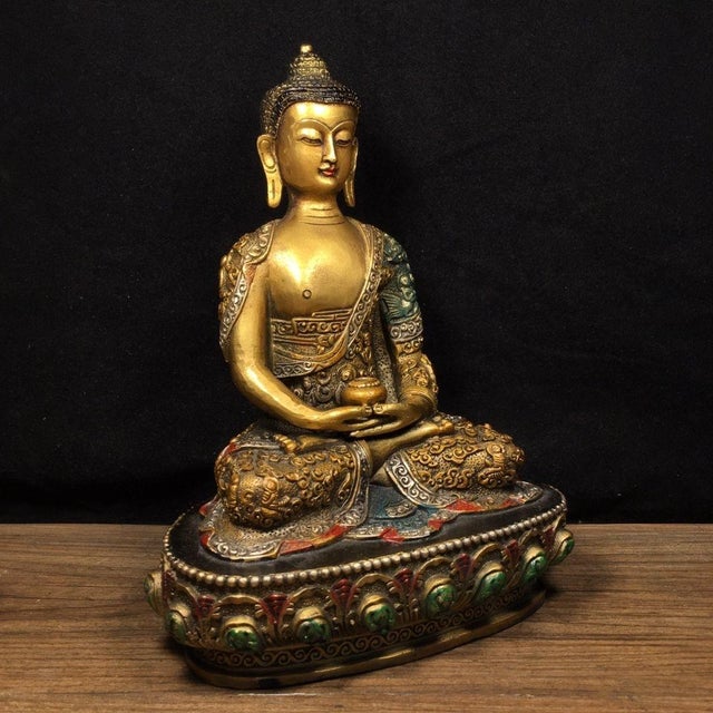 Mid 20th Century Vintage Gilt Brass Shakyamuni Buddha Statue With Polychrome Robe & Lotus Base For Sale - Image 5 of 9