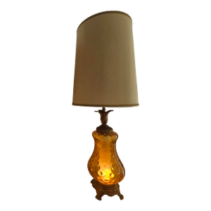 Tall Vintage Mid-Century Modern (Mcm) Hollywood Regency Style Amber Glass Table Lamp With Nightlight Feature