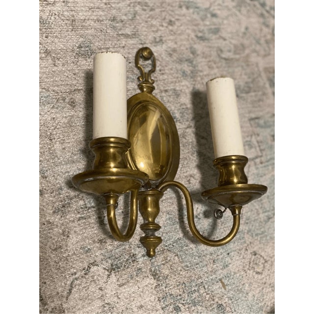 Traditional Antique Solid Brass Dutch Colonial Style Wall Sconce With Pull Two Light For Sale - Image 3 of 6