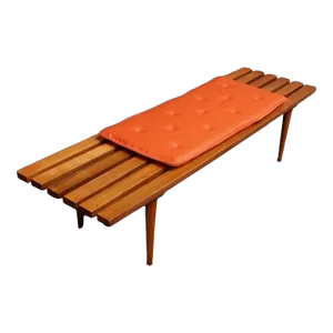 Mid-Century Modern Slat Oak Bench / Coffee Table With Tapered Legs and Cushion