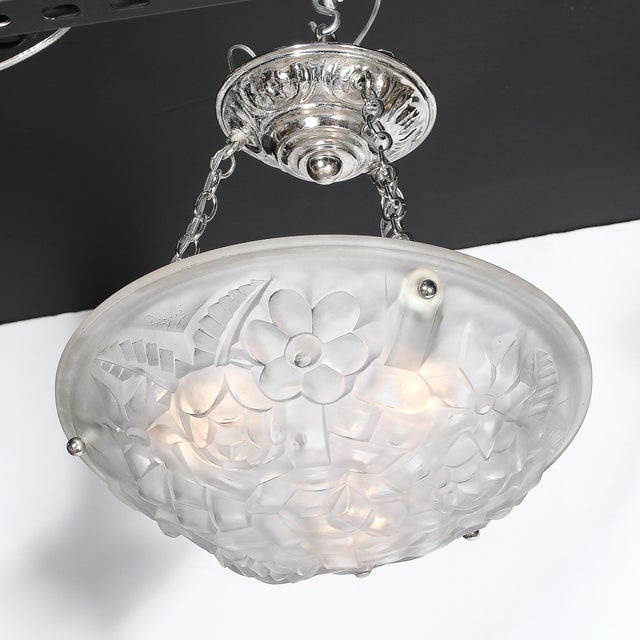 Art Deco Art Deco Frosted Glass Floral Cubist Chandelier W/ Chrome Fittings Signed Degué For Sale - Image 3 of 18
