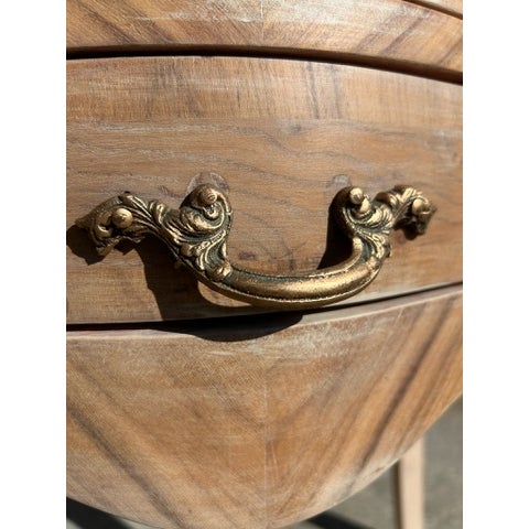 Tan Vintage French Provincial Pair of 3-Drawer Nightstands With Curved Front and Brass Bail Pulls For Sale - Image 8 of 17