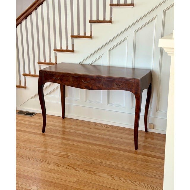 Mid-Century Italian Walnut Oyster Burl With Cabriole Legs Rectangular Writing Desk For Sale - Image 4 of 14