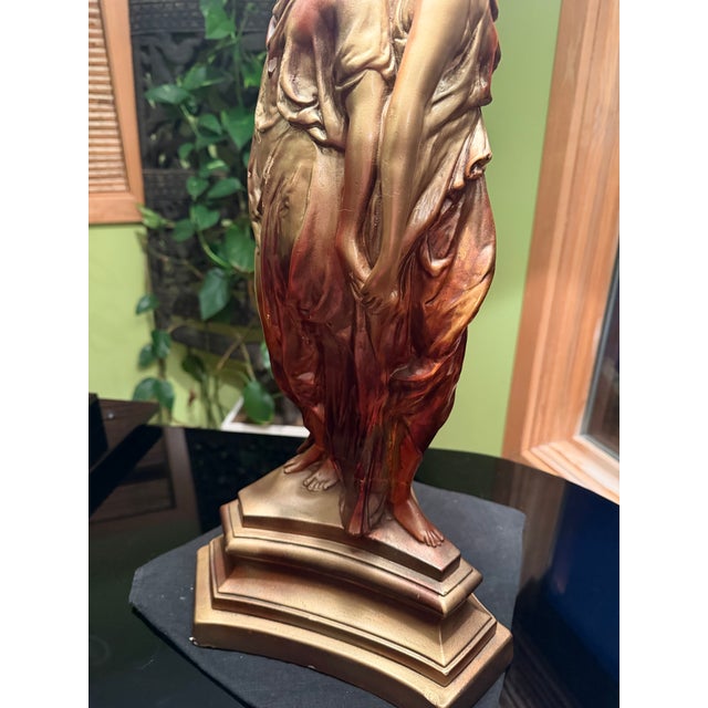1950 Hollywood Regency Gold Bronze Tone "Three Graces" Heavy Lamp. Purple Silk Shade. Base 34”x12”. Shade 10”x16”. Style of Tony Duquette For Sale - Image 10 of 11