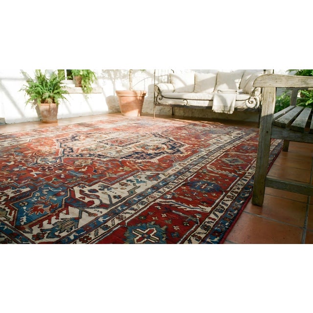 Textile 1890s Red Rust Medallion Antique Persian Serapi Rug 12'3" X 15'10" Handknotted Wool Carpet For Sale - Image 7 of 9
