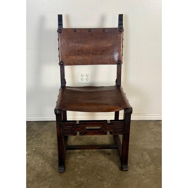 Set of Six Spanish Revival Leather and Carved Wood Armchairs For Sale In Los Angeles - Image 6 of 15