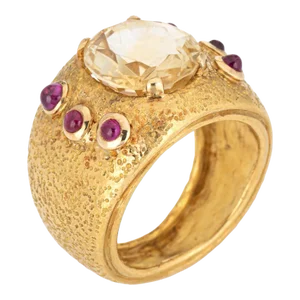 Vintage 1960s Louis Feron Citrine Ruby 18k Yellow Gold Band Ring Size 8.5