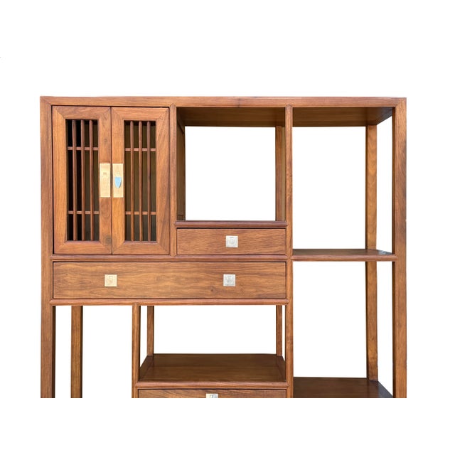 Pair Asian Inspired Asymmetrical Light Brown Shelving Display Cabinet Divider For Sale - Image 10 of 13