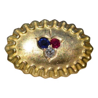 Vintage 14K Yellow Gold Pin/Brooch set with Ruby, Sapphire and Diamond For Sale