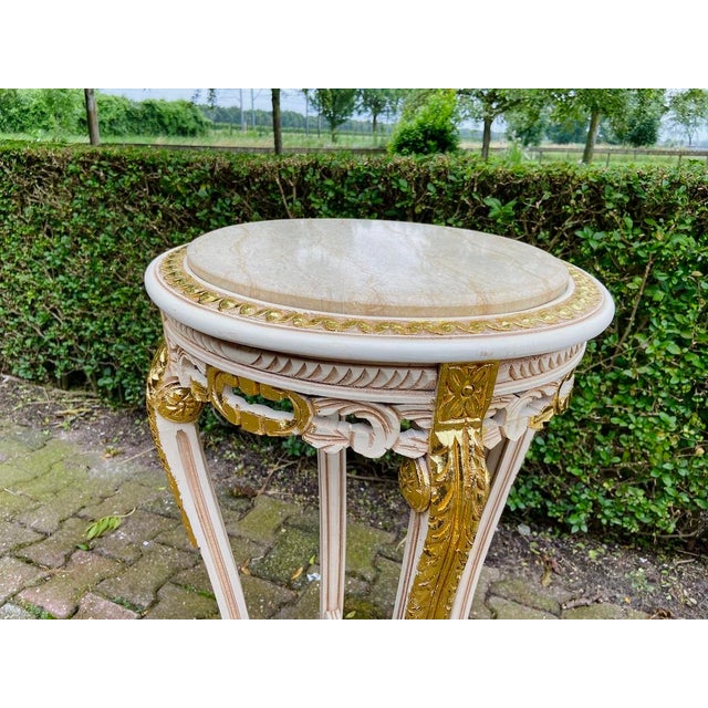 1970s French Louis XVI Antique/White Cream Gold Marble Side Tables- Pair For Sale - Image 10 of 14