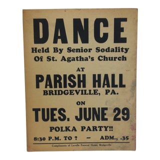 1930 Vintage Parish Hall Dance Sign For Sale