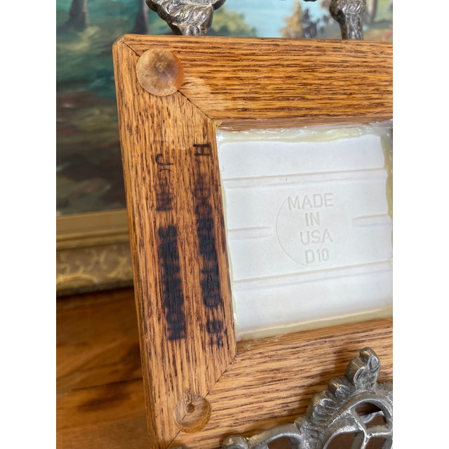 Blue Vintage Handcrafted Ceramic Tile With Likely Oak Frame and Blue Floral Motif, Made in Usa. For Sale - Image 8 of 9