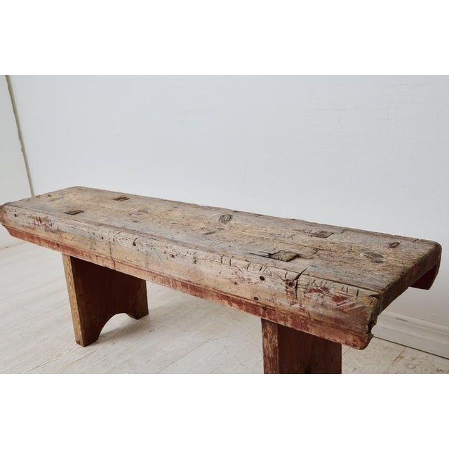 18th Century Folk Art Handcrafted Bench in Pine, Northern Sweden, Late 1700s For Sale - Image 5 of 12