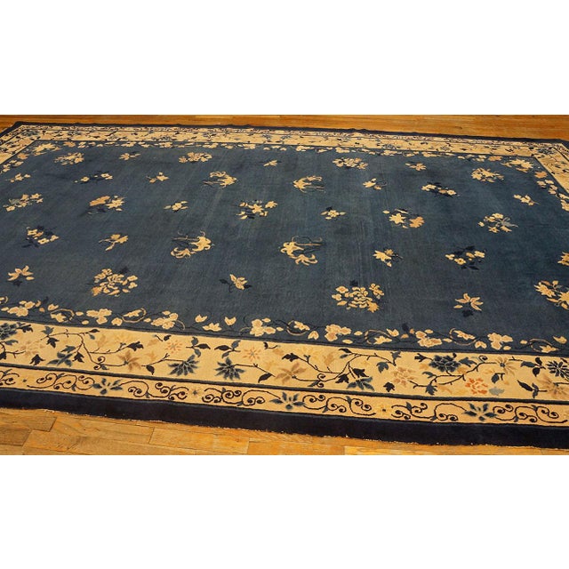 1900 - 1909 1900s Blue Traditional Floral Deco Antique Peking Chinese Knotted Wool Rug For Sale - Image 5 of 10