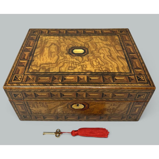 Antique Vintage English Burl Walnut Wooden Marquetry Victorian Jewelry Box 19Ct For Sale - Image 12 of 12