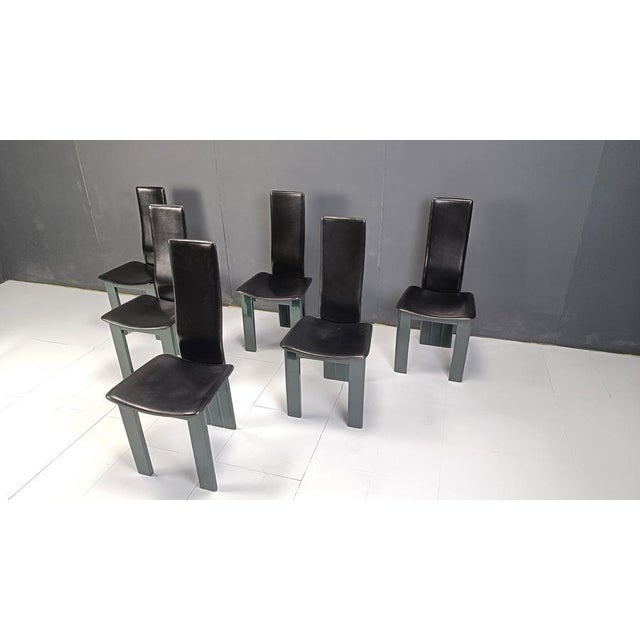 Wood Italian Leather and Green Lacquer Dining Chairs, 1980s, Set of 6 For Sale - Image 7 of 12