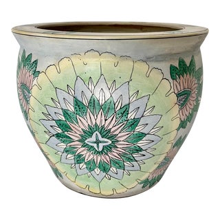 Vintage Chinoiserie Waterlily Ceramic Planter For Sale