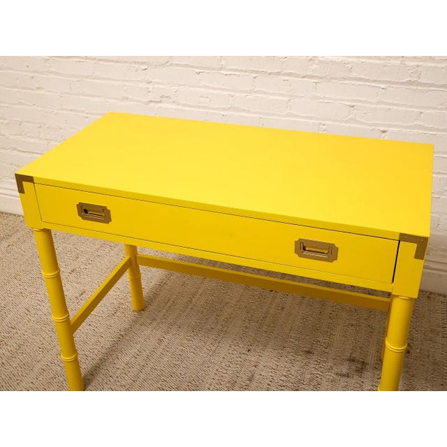 Wood Vintage Hollywood Regency Yellow Campaign Writing Desk For Sale - Image 7 of 11