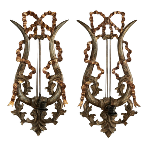 Antique Italian Carved Wood Lyre and Ribbon Parcel Gilt Wall Sconces