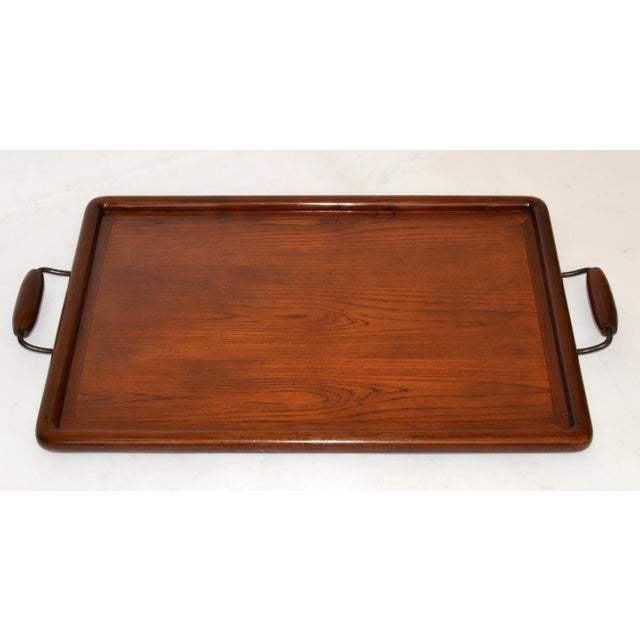 American organic modern handcrafted Oak hardwood & Steel decorative footed serving tray. Note the lacquered turned Wood...