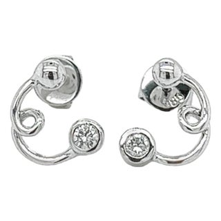 14k White Gold Swirl Earrings With Round Bezel Set Diamonds, Pair For Sale