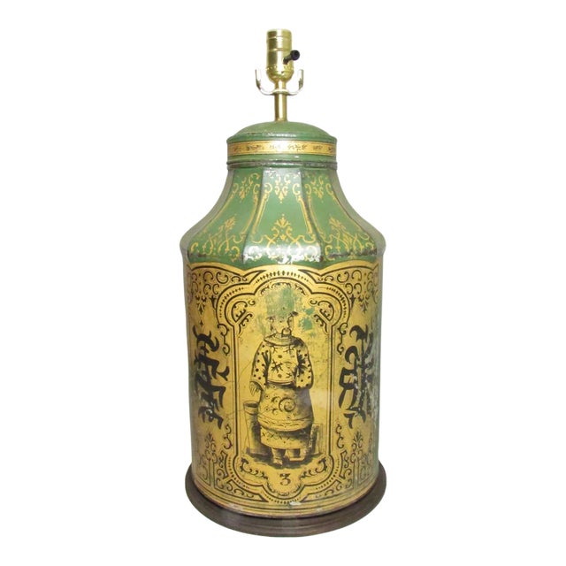 Antique Tole Painted Tea Cannister Lamp For Sale