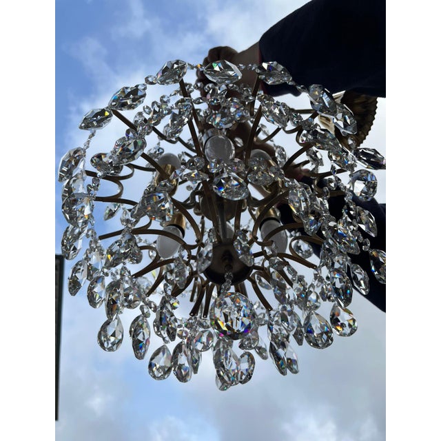 Hollywood Regency Art Deco Basket Chandelier in Brass & Crystal Ceiling Lamp For Sale - Image 15 of 18