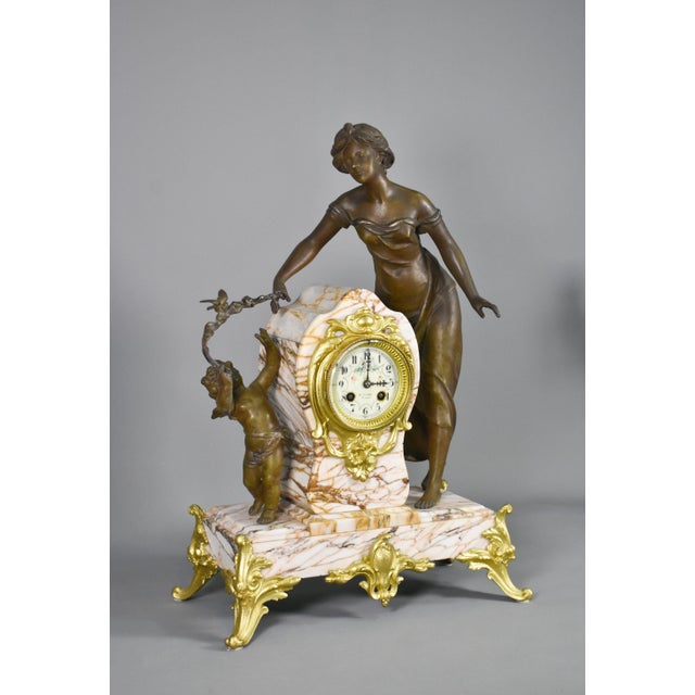 Metal Large French Art Nouveau Mantel Clock and Trim, Set of 3 For Sale - Image 7 of 18