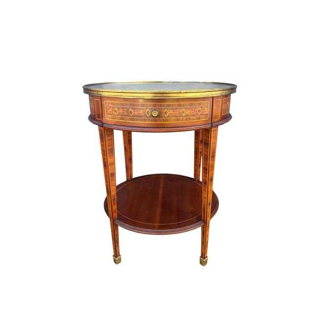French Louis XVI Style Round Side Table with Marquetry and Drawer, 1930s For Sale - Image 13 of 13