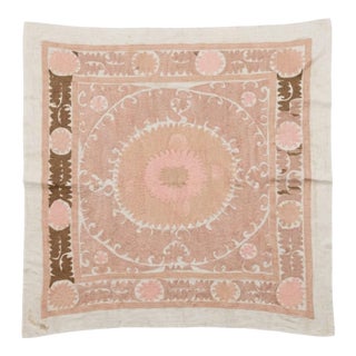 Suzani Embroidered Wall Hanging - Neutral Tan Uzbekistan Embroidery 4'4'' X 4'6'' For Sale
