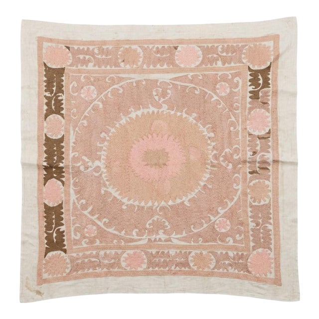 Suzani Embroidered Wall Hanging - Neutral Tan Uzbekistan Embroidery 4'4'' X 4'6'' For Sale