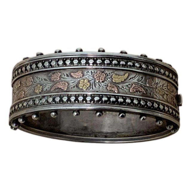 Antique Aesthetic Period Sterling Silver Hinged Cuff Bangle With Rose & Yellow Gold Floral Appliqué C. 1880s For Sale