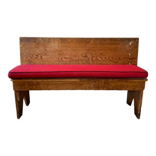 Vintage Wood Bench with Red Upholstered Seat Cushion For Sale