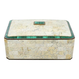 Mid Century Modern Maitland Smith Brass Tessellated Stone Lidded Box Vessel 70s For Sale