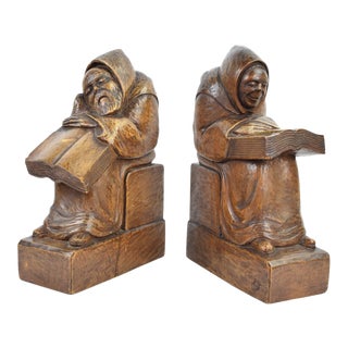 Large Pair Hand Carved Medieval Monks Reading Wooden Bookends For Sale