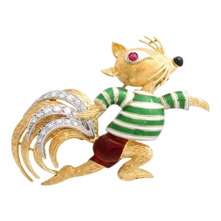 Claflin Style - Amusing Running Squirrel Enamel Ruby Diamond Gold Brooch For Sale
